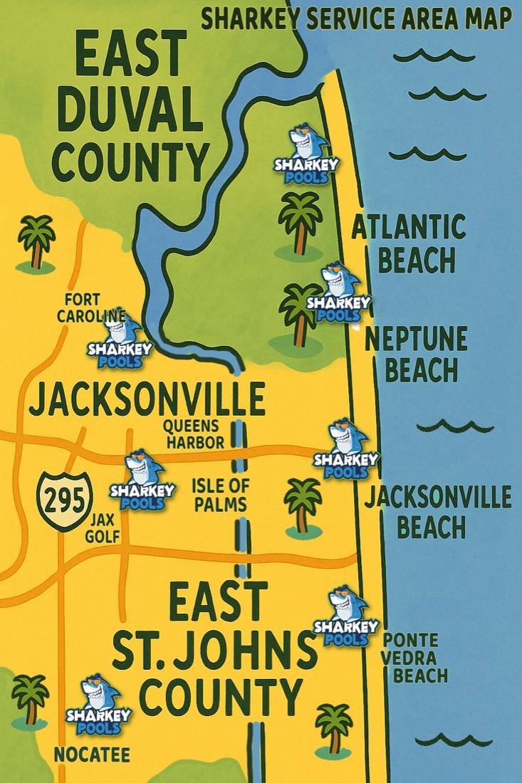 Sharkey Pools service area map: Atlantic Beach, Neptune Beach, Jacksonville Beach, Ponte Vedra Beach, Nocatee, Queens Harbor, Isle of Palms and Jax Golf