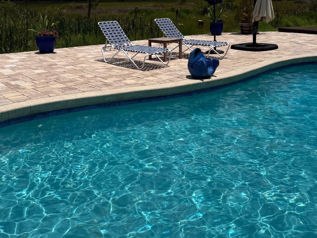 Clean pool with a paver deck and lounge chairs