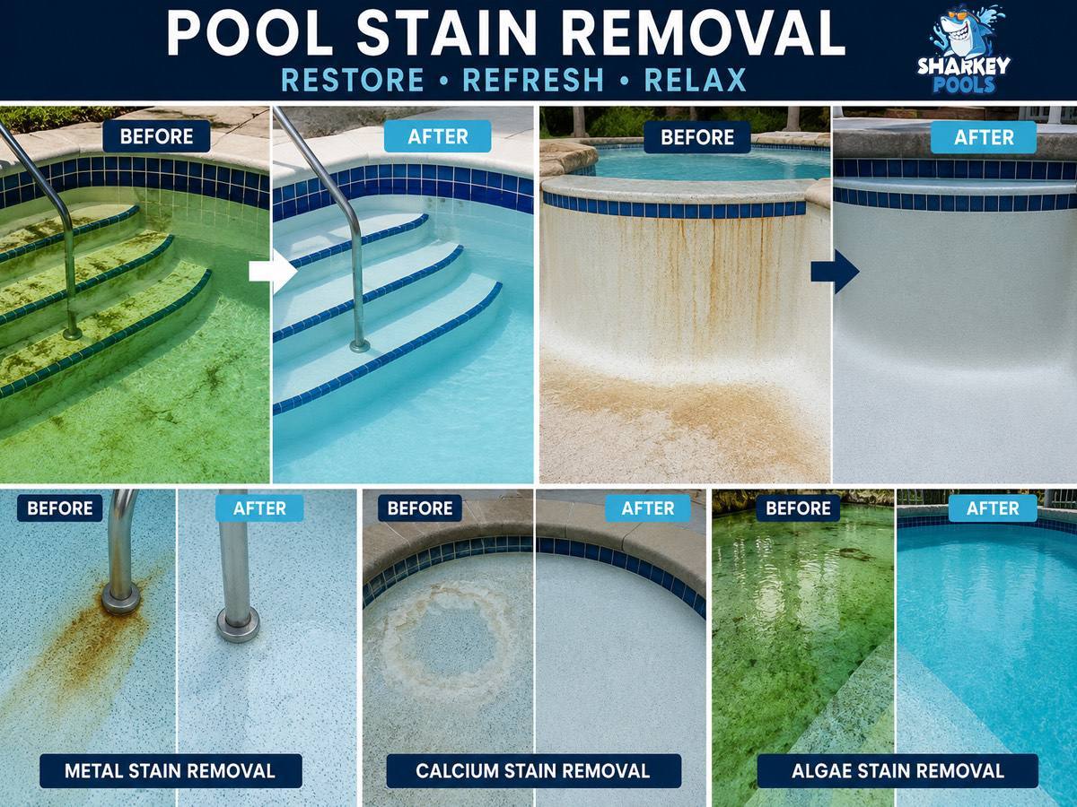 Before-and-after photos of pool steps and surfaces with stains removed